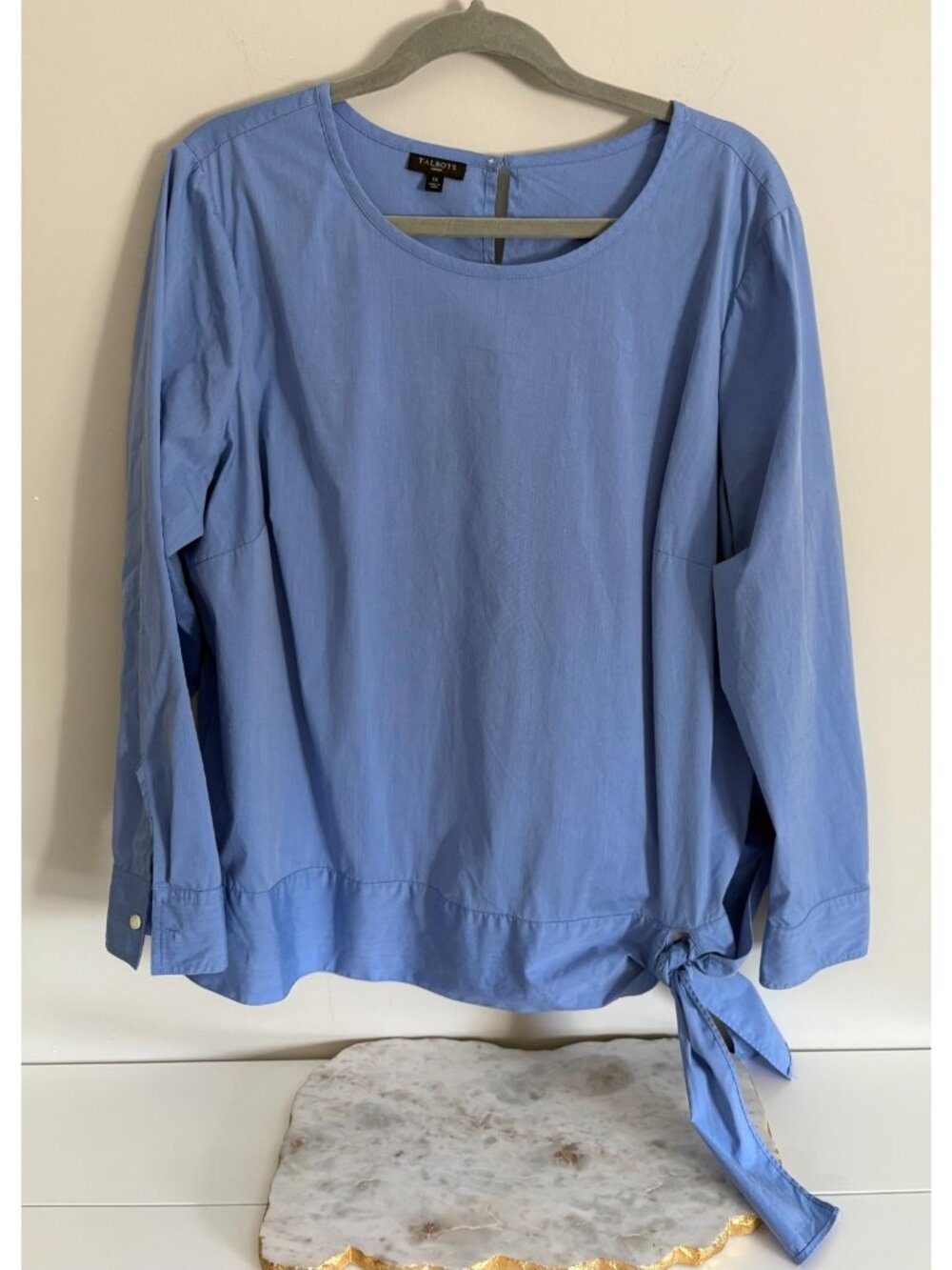 Talbot's Size 1X Side Tie Cotton Blend Long Sleeve Poplin Top in Blue